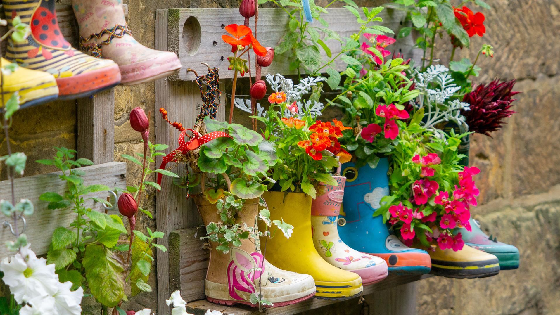 Parittomat, pieneksi jääneet tai rikkinäiset kengätkin voi uusiokäyttää kukka-astioina. (Kuva: Shutterstock)