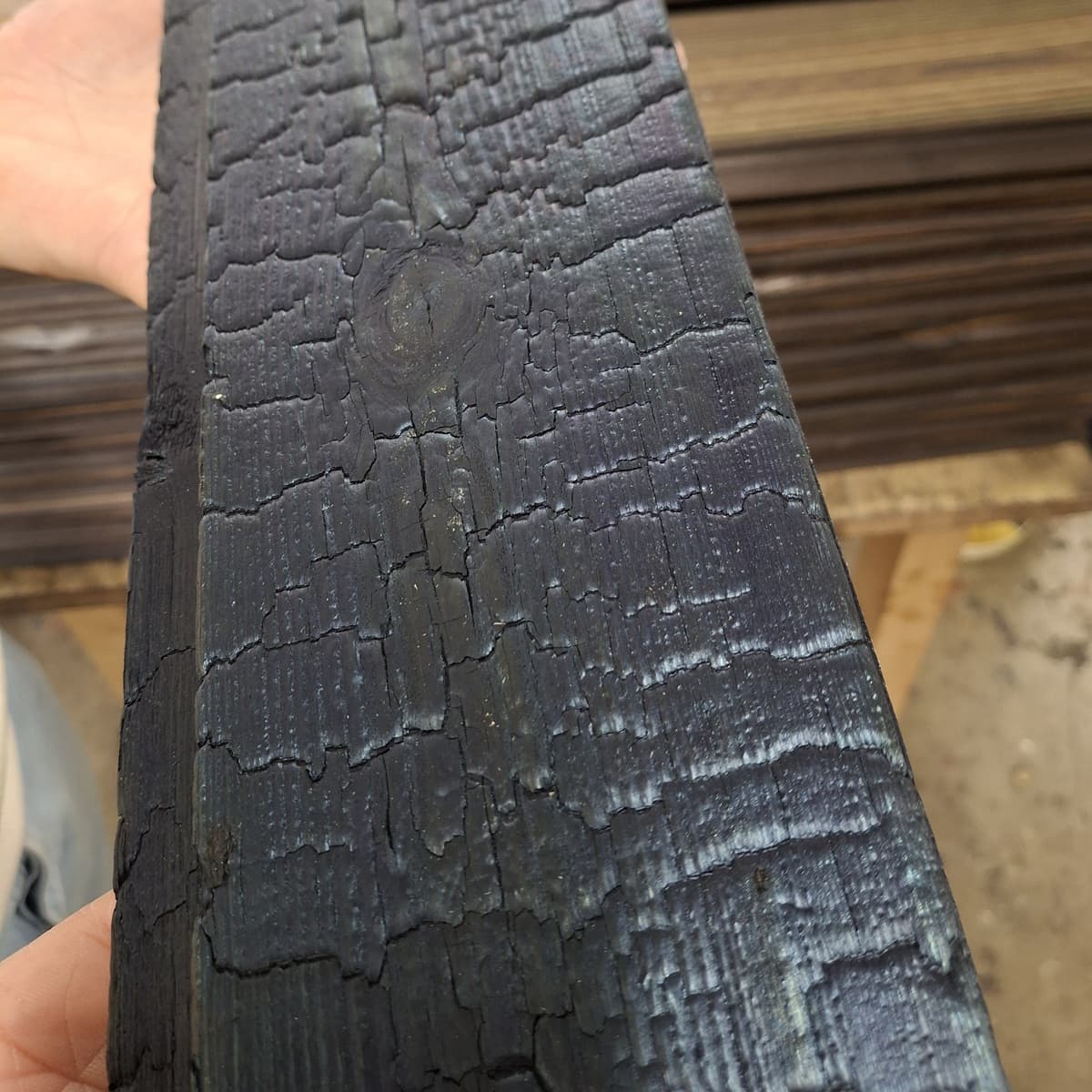 <p data-block-key="gfwpj">Hiilletyn puun saa sävytettyä useampaan sävyyn, jotka ovat tehdasmalleja. Kuvassa siniseksi sävytetty puu nimeltä Korppi.</p>